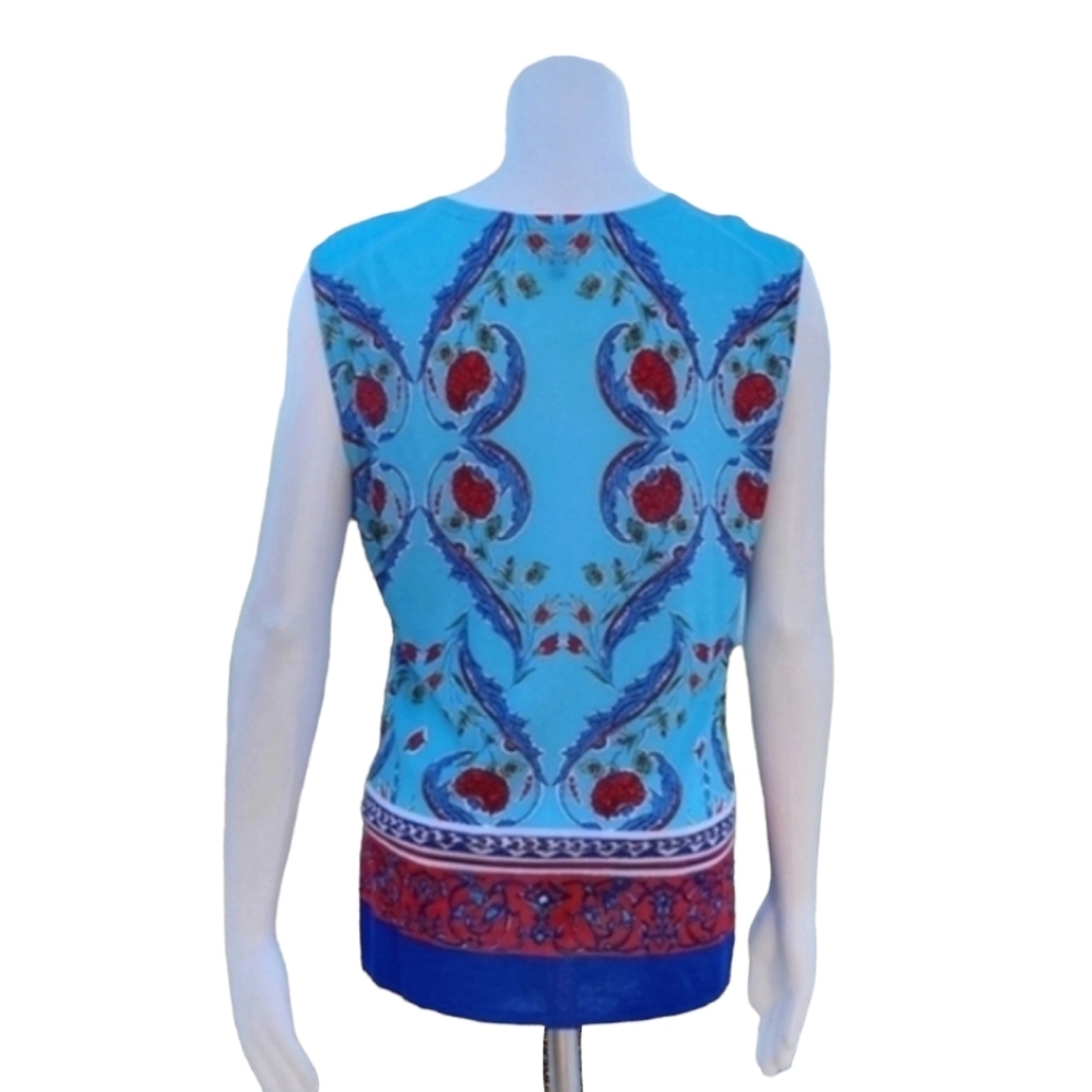 ESCADA Majorca Fantasy Floral Sleeveless Blouse L Silk Blend Resort Luxury Top - Picture 4 of 16